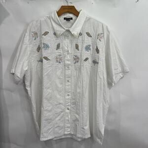 Womens Size 3XL Short Sleeve Button Up White Pisces Beach Cotton Angel Fish VTG
